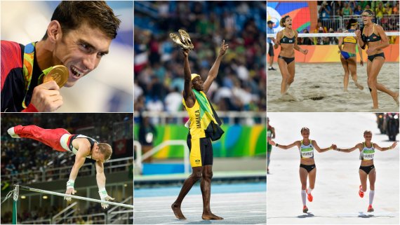 Highlights von Rio 2016: Phelps (l.o.) krönt seine Olympia-Karriere, Hambüchen (l.u.) tritt mit Reck-Gold ab, Usain Bolt (M.) macht Puma stolz, Ludwig/Walkenhorst (r.o.) machen Brasilien unglücklich und die Hahner-Twins (r.u.) sorgen für Empörung.