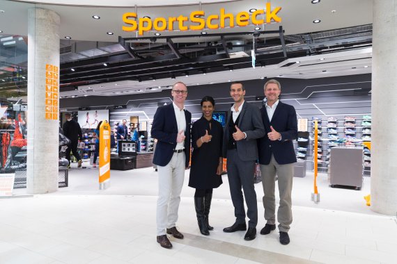 The whole management team at Sport Scheck (from left): CDO Jan Kegelberg, Chairwoman Neela Montgomery, CEO Markus Rech and CFO Lars Schöneweiß.
