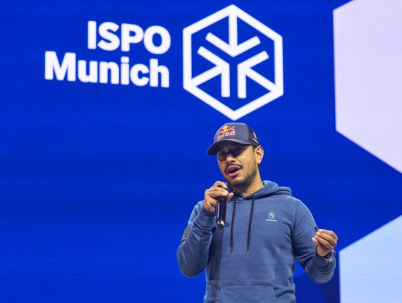 Nirmal Purja on stage at ISPO Munich 2023.