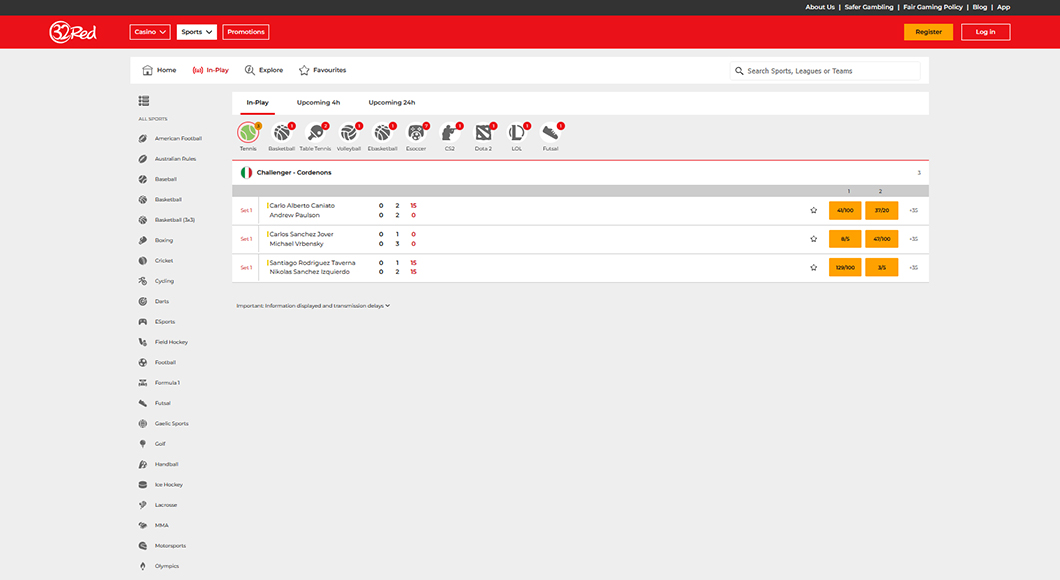 In-play betting on the 32Red website