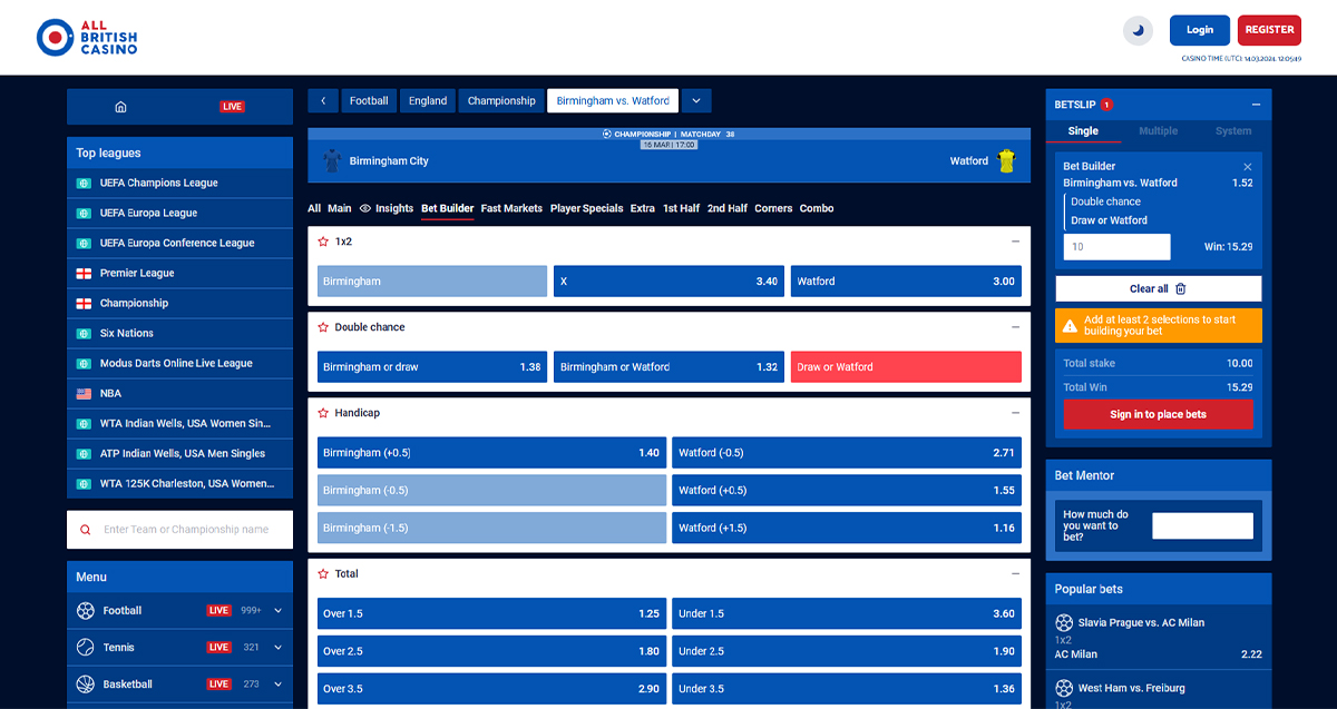 Screenshot of All British Sports Bet Builder Page