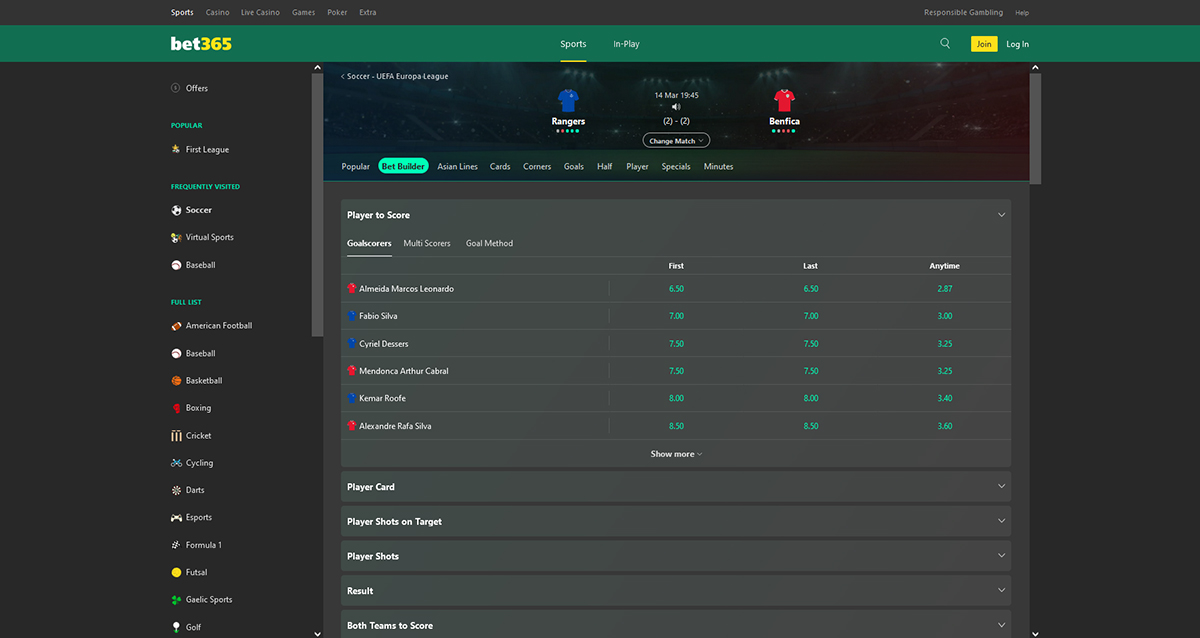 Screenshot of bet365 Bet Builder Page