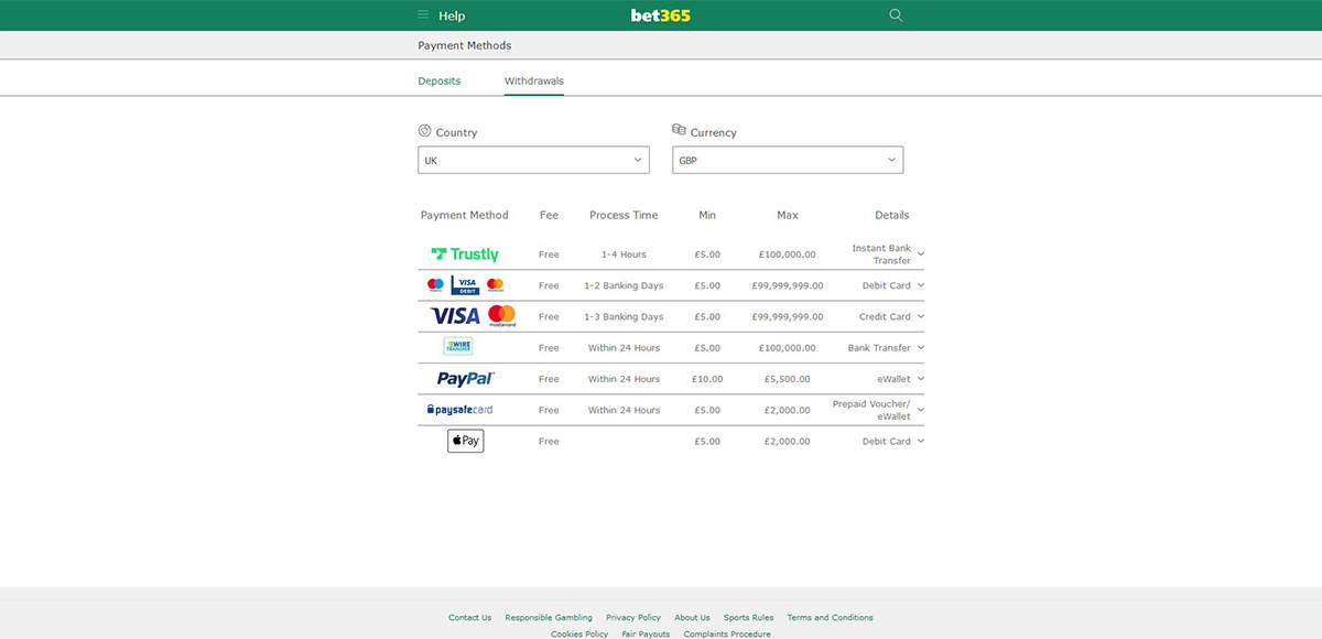 screenshot of bet365 withdrawal page