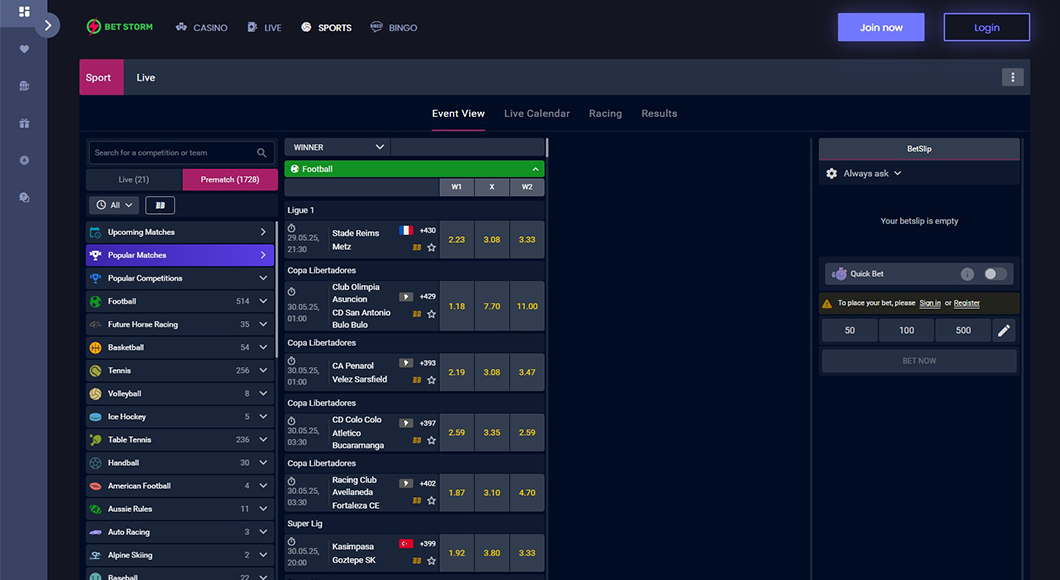 Sports betting on the BetStorm website