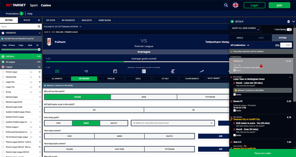 Screenshot of BetTarget Bet Builder Page