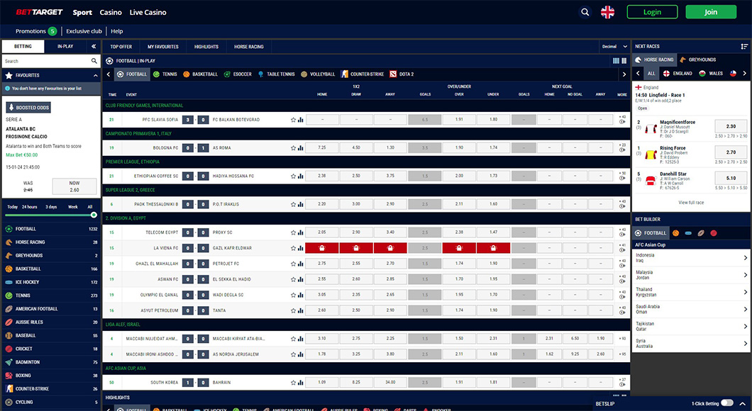  Sports betting on the BetTarget website