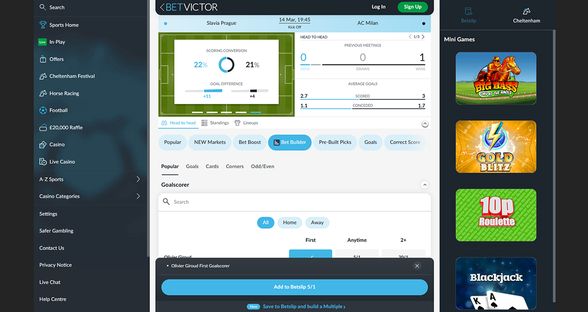Screenshot of BetVictor Bet Builder Page
