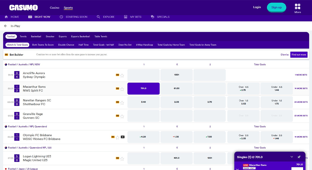 In-play betting on the Casumo website