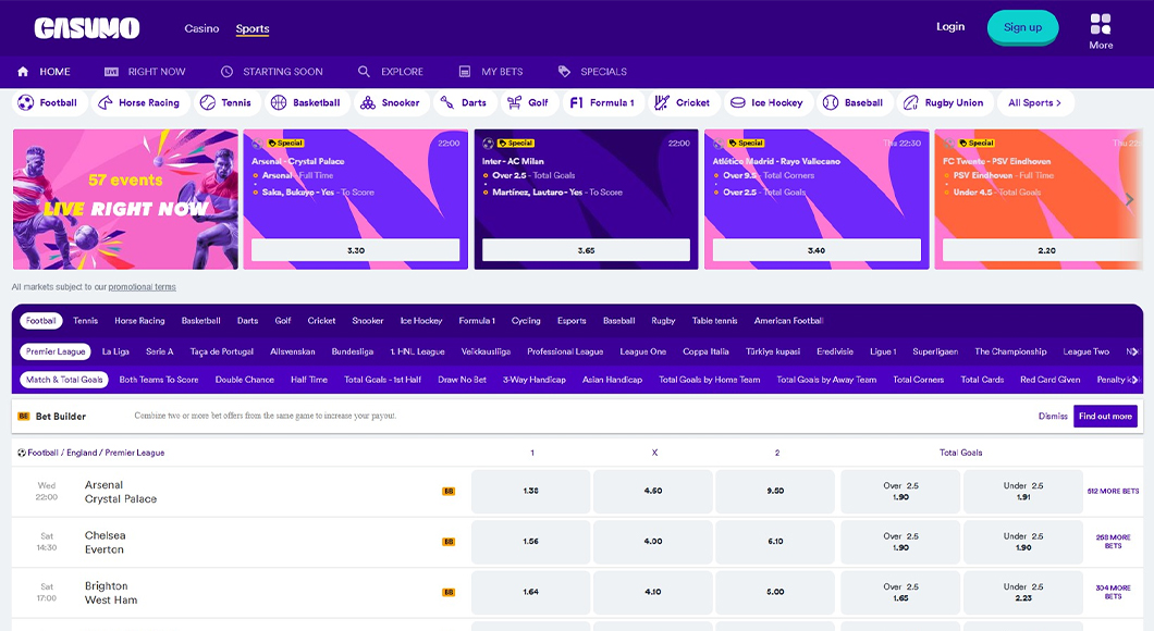 Sports betting on the Casumo website