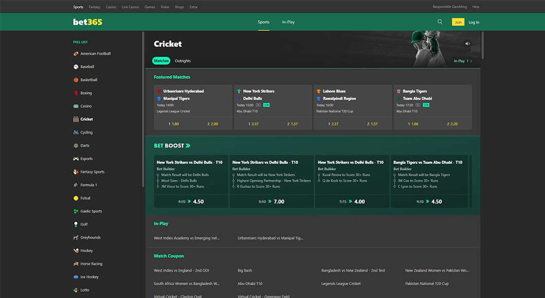  Cricket Betting on the bet365 website.