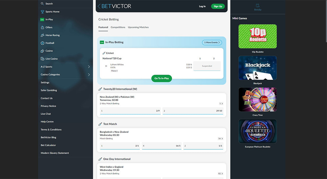  Cricket Betting on the BetVictor website.