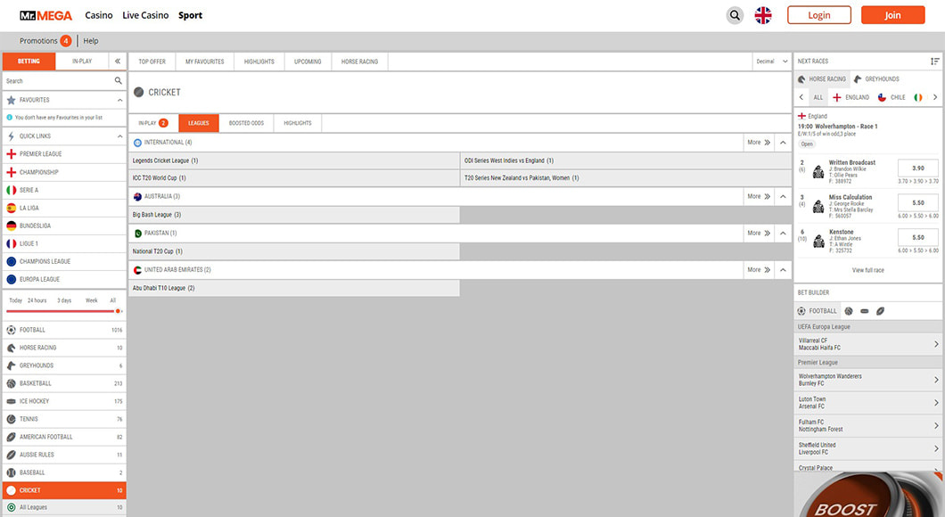  Cricket Betting on the MrMega website.