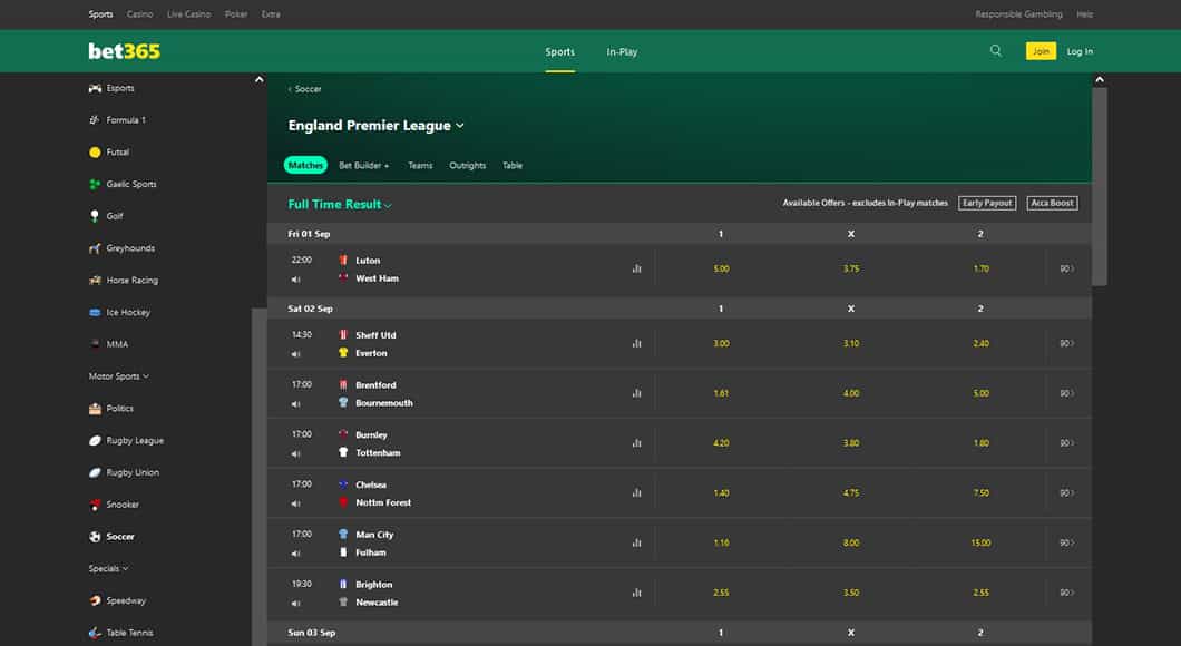 Football Betting on the bet365 website.