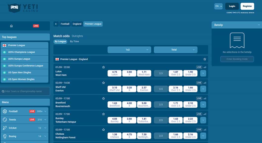 Football betting on the YetiBet website.