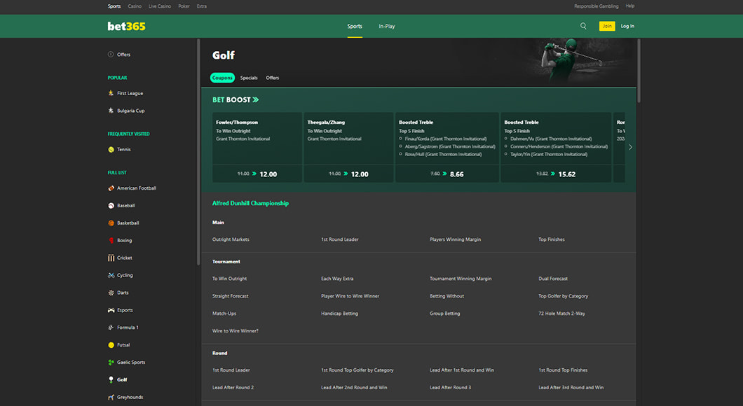 Golf Betting on the bet365 website.