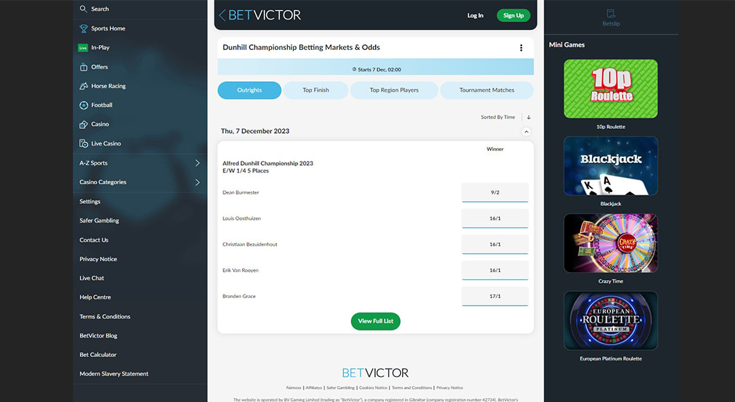 Golf Betting on the BetVictor website.