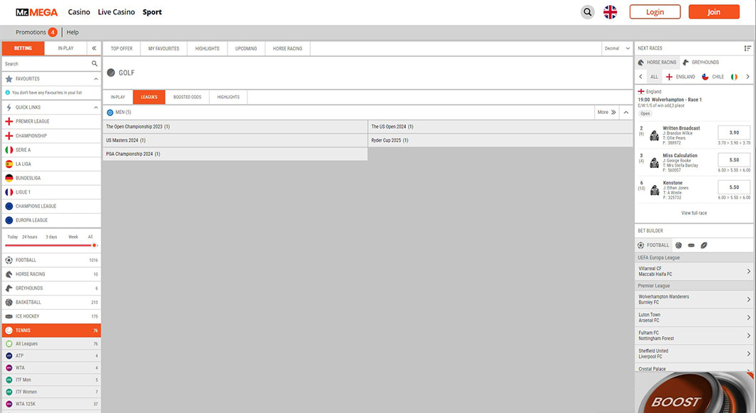  Golf Betting on the MrMega website.