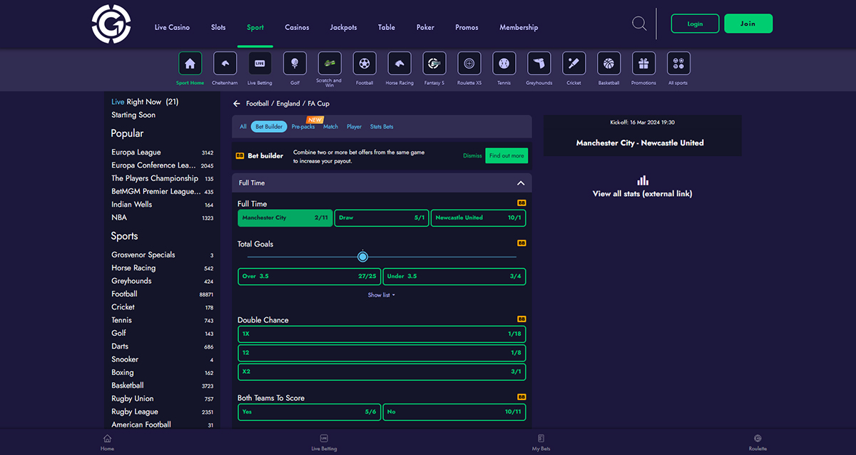 Screenshot of Grosvenor Bet Builder Page