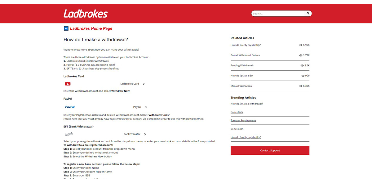 screenshot of Ladbrokes withdrawal page