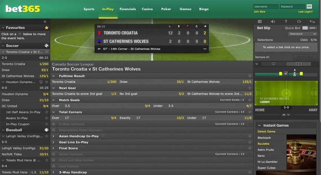 Live betting on the bet365 website.