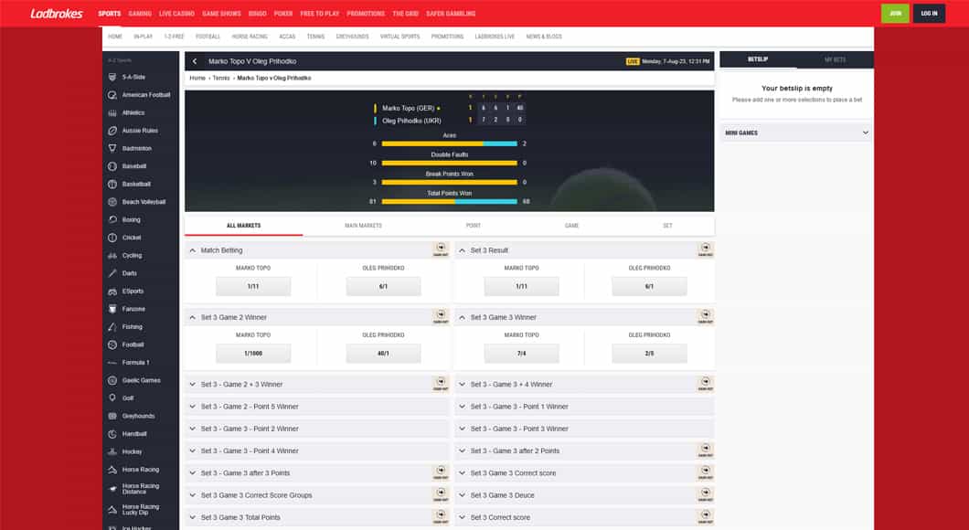 Live betting on the Ladbrokes website.