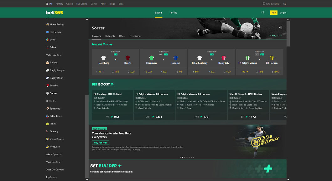 Live football betting markets from bet365
