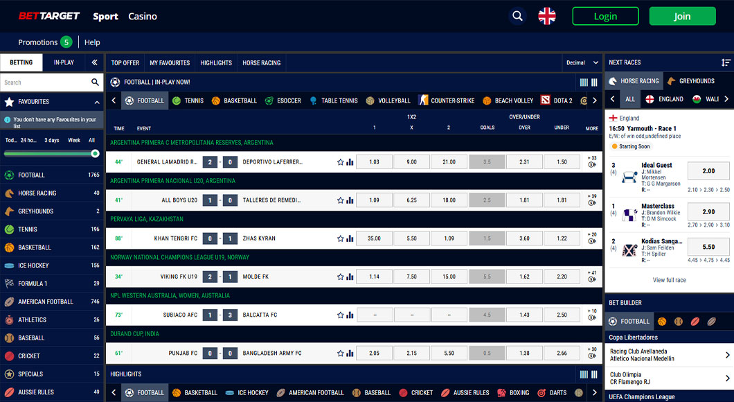 Live football betting markets from BetTarget