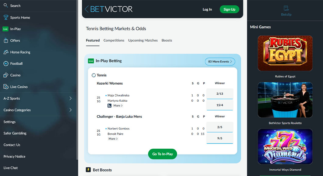 Live tennis betting markets from BetVictor