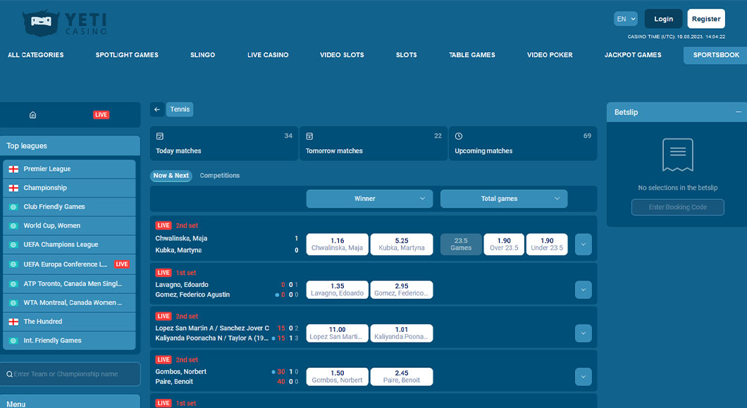 Live tennis betting markets from YetiBet