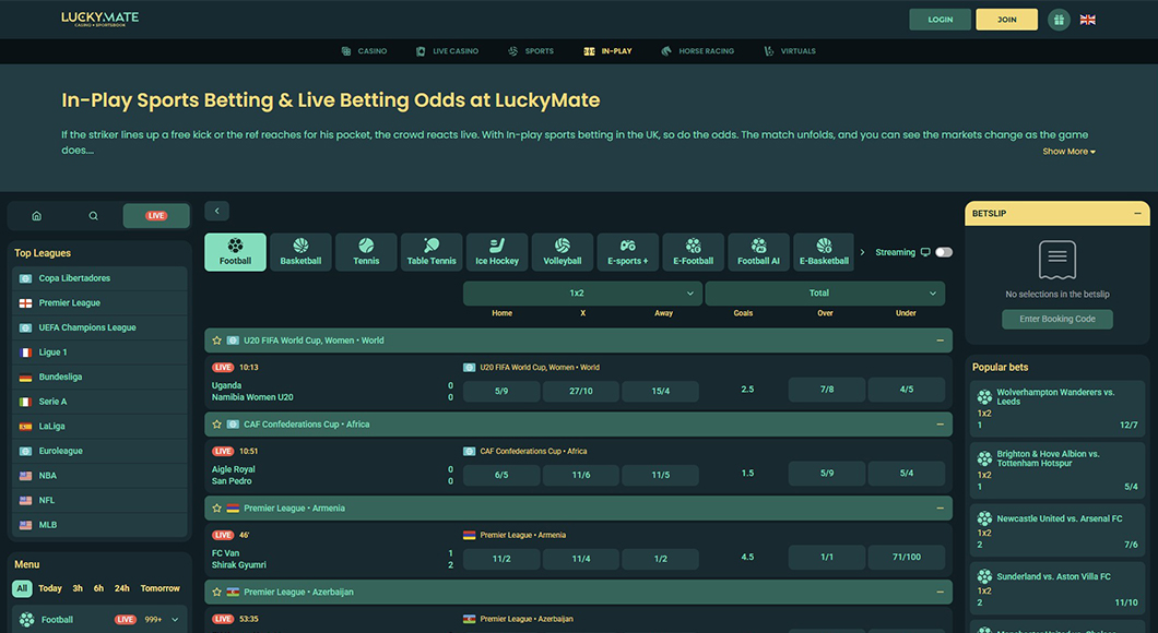 In-play betting on the LuckyMate website