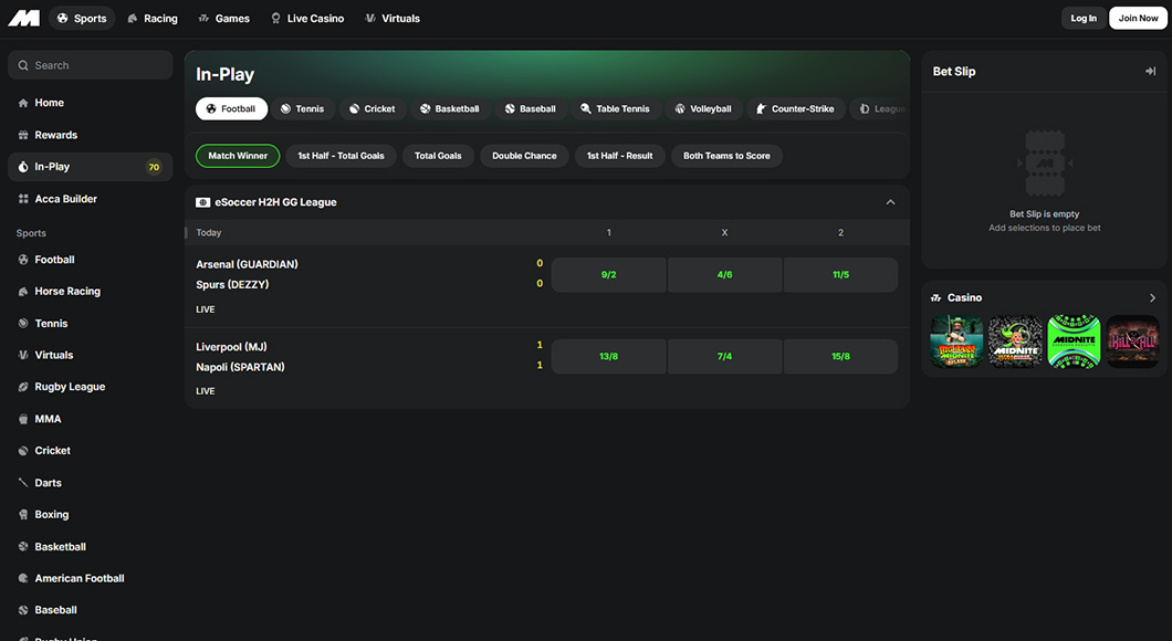 In-play betting on the Midnite website