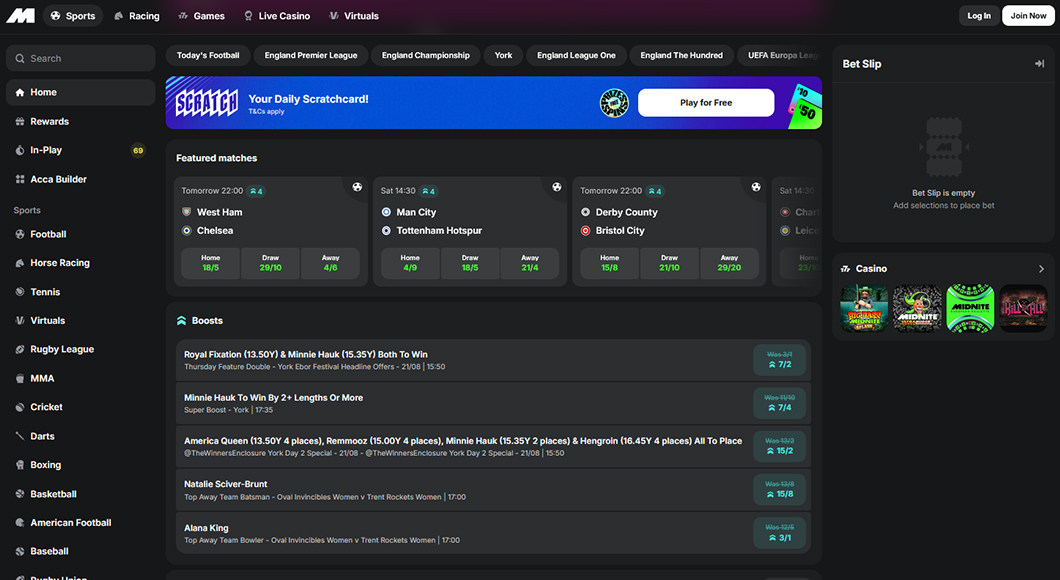 Sports betting on the Midnite website