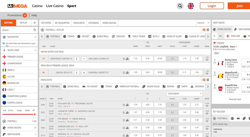  Sports betting on the MrMega website