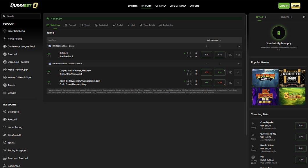 In-play betting on the QuinnBet website