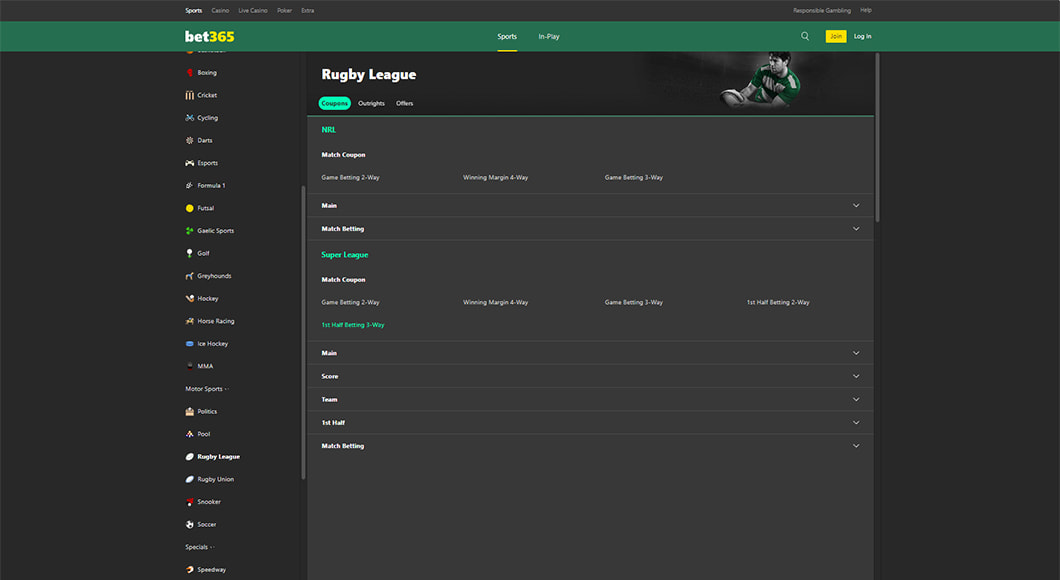  Rugby Betting on the bet365 website.