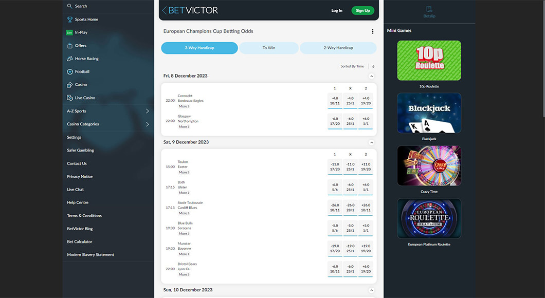  Rugby Betting on the BetVictor website.