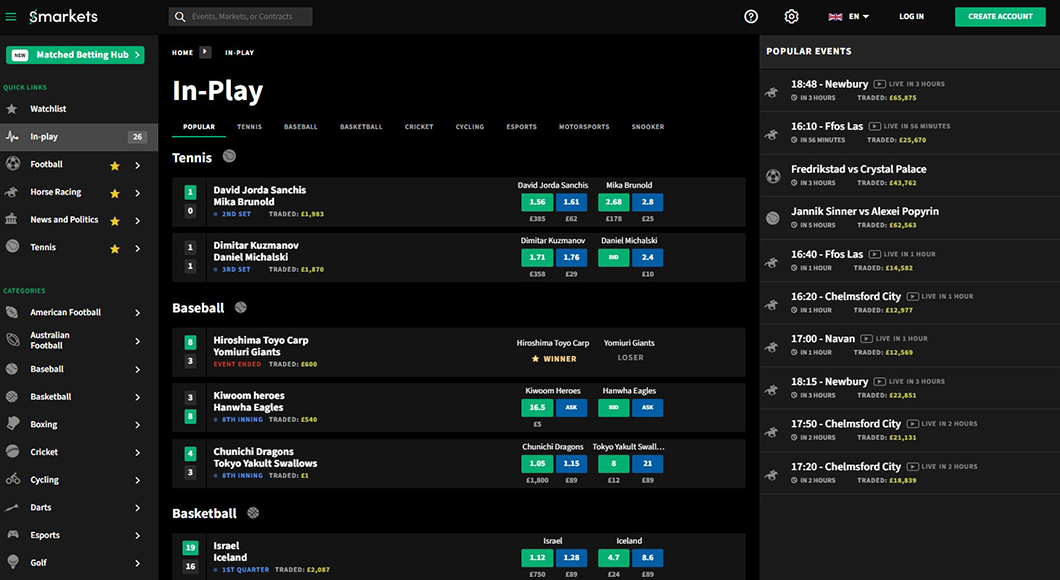 In-play betting on the Smarkets website