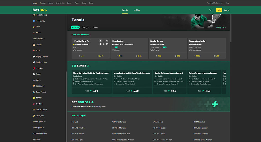  Tennis Betting on the bet365 website.