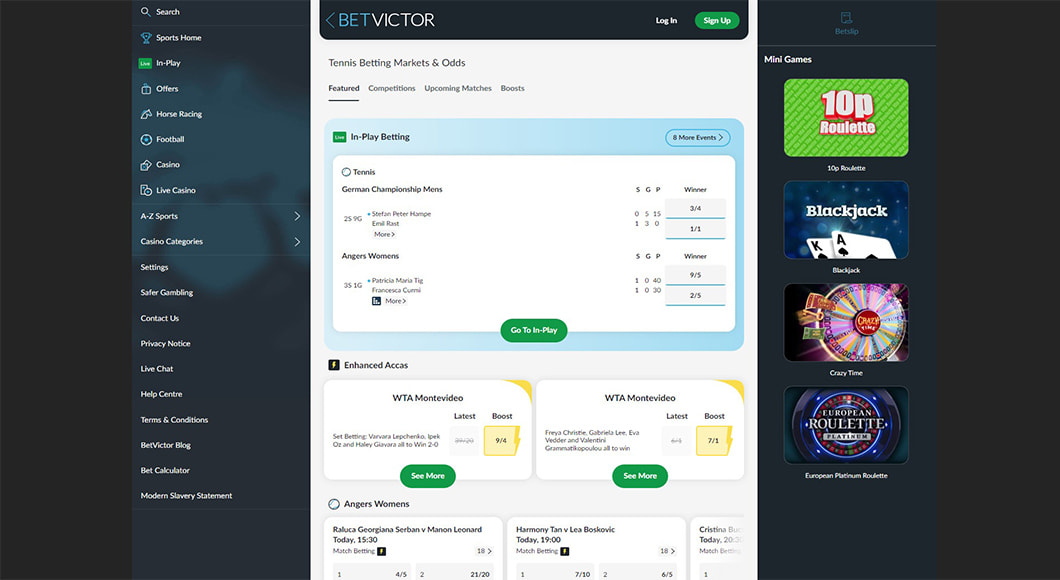  Tennis Betting on the BetVictor website.