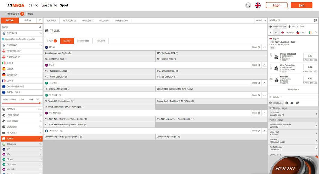  Tennis Betting on the MrMega website.