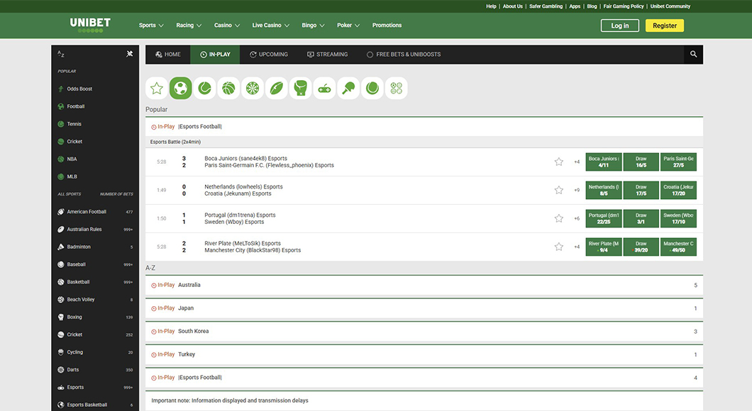 In-play betting on the Unibet website