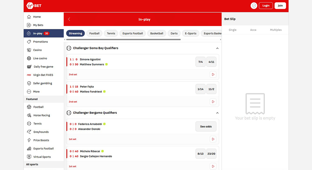 In-play betting on the Virgin Bet website