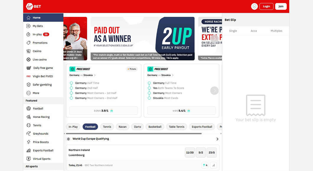 Sports betting on the Virgin Bet website