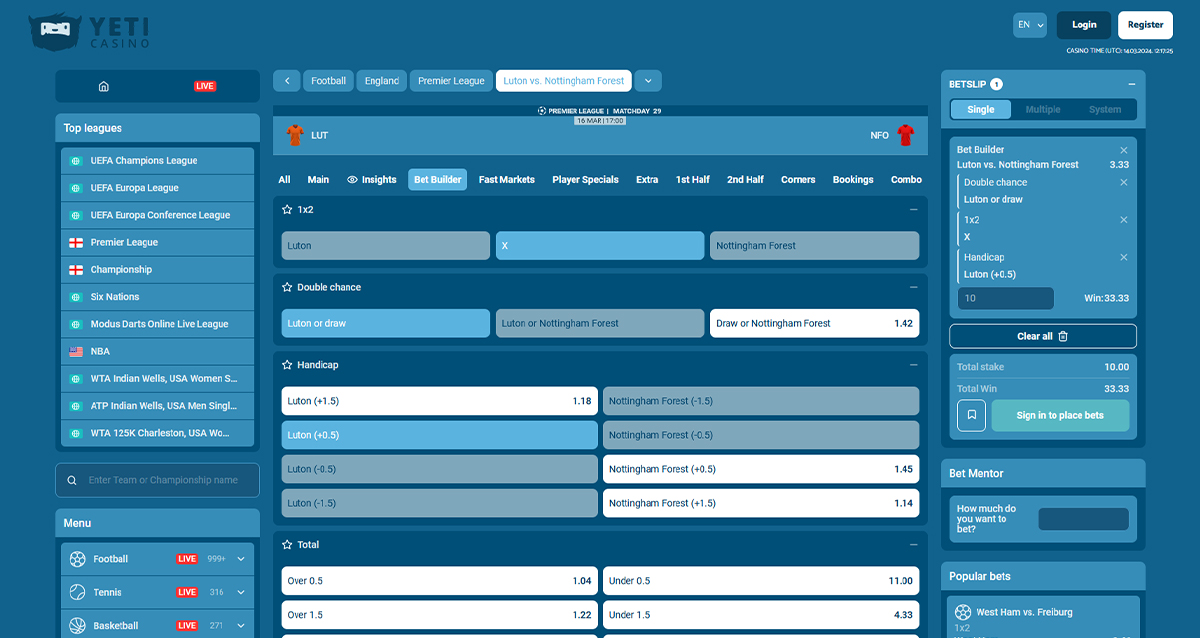 Screenshot of YetiBet Bet Builder Page