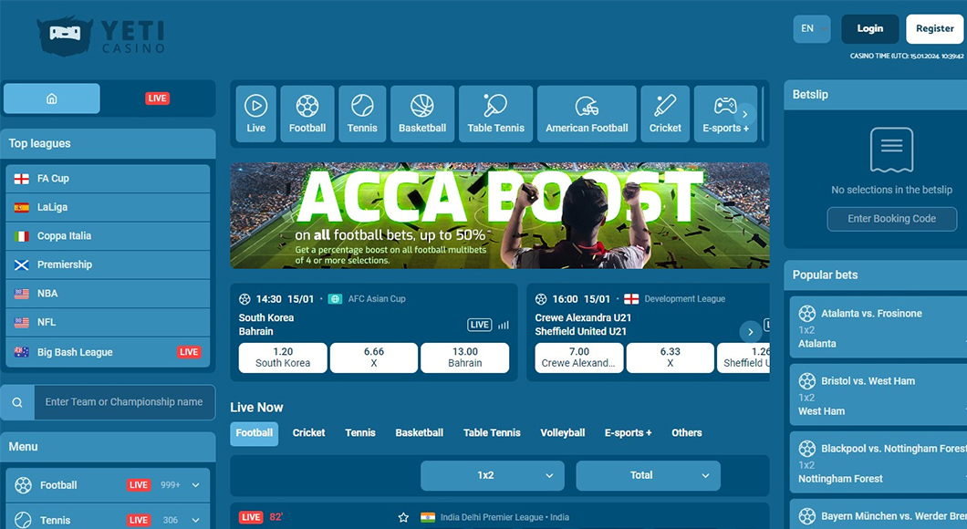  Sports betting on the YetiBet website