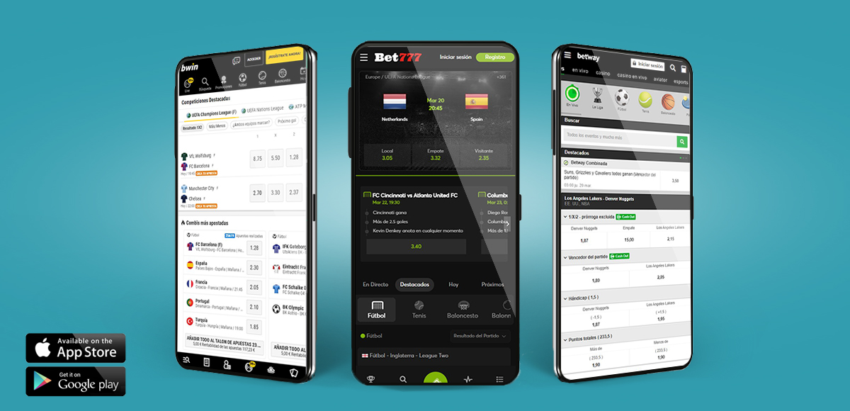 Tres móviles mostrando apps de apuestas deportivas.