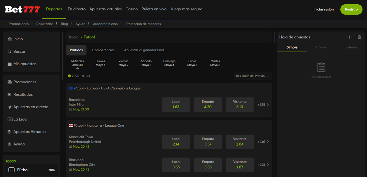 Oferta para apostar a futbol en Bet777.