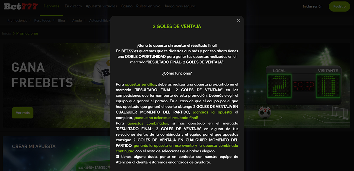 Casa de apuestas Bet777 con su oferta de 2 goles de ventaja