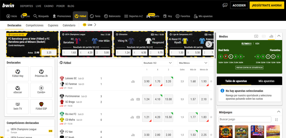 Cuotas y mercados disponibles en la casa de apuestas de fútbol bwin.