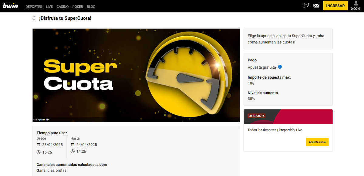 Página de apuestas en bwin con la SuperCuota